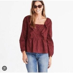 Madewell Wine Red Eyelet Lace Visit Ruffle Pompom Trim Top Blouse